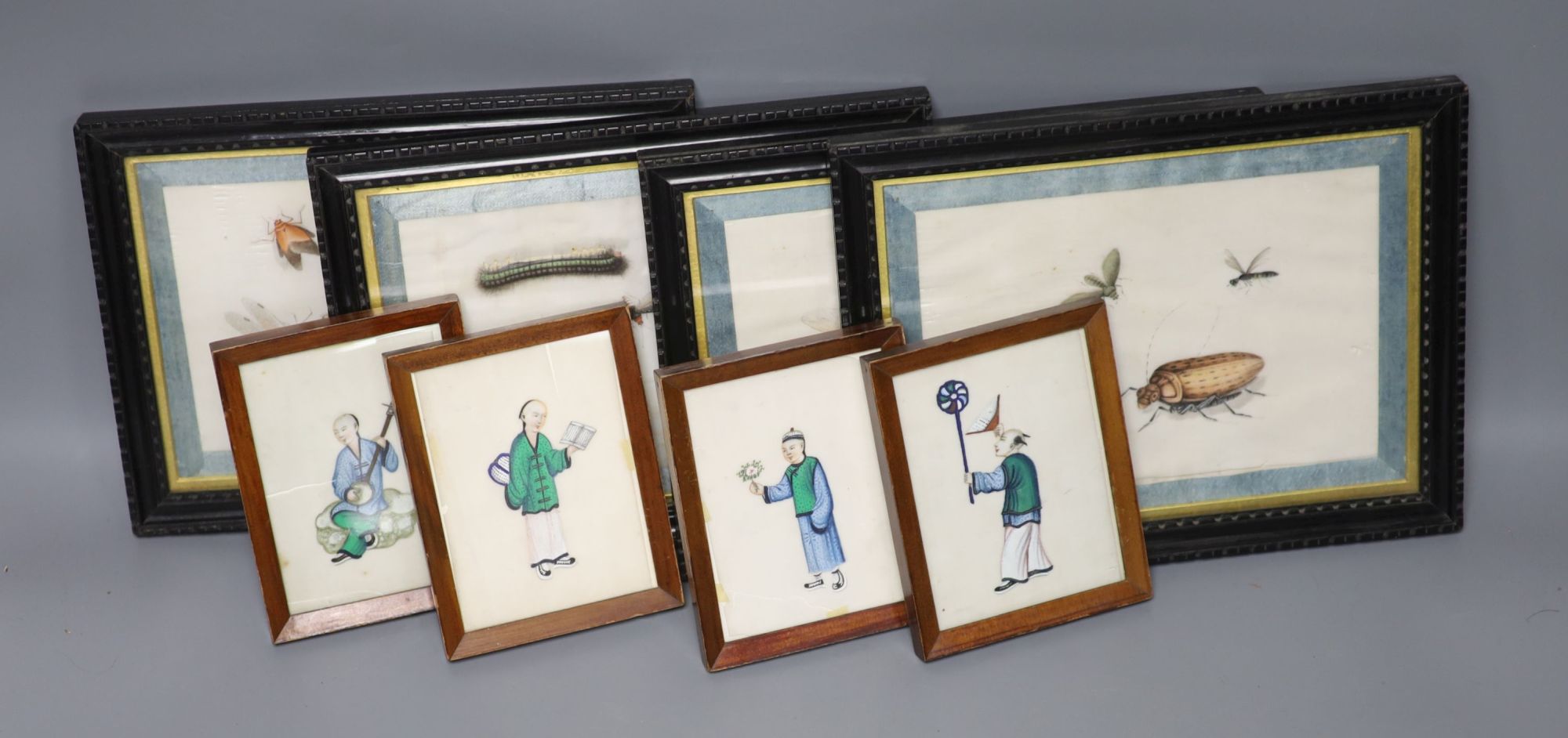 Four 19th century Chinese pith paintings of insects, 14.5 x 19.cm including ribbon border and three pith paintings of, 10 x 7.5cm